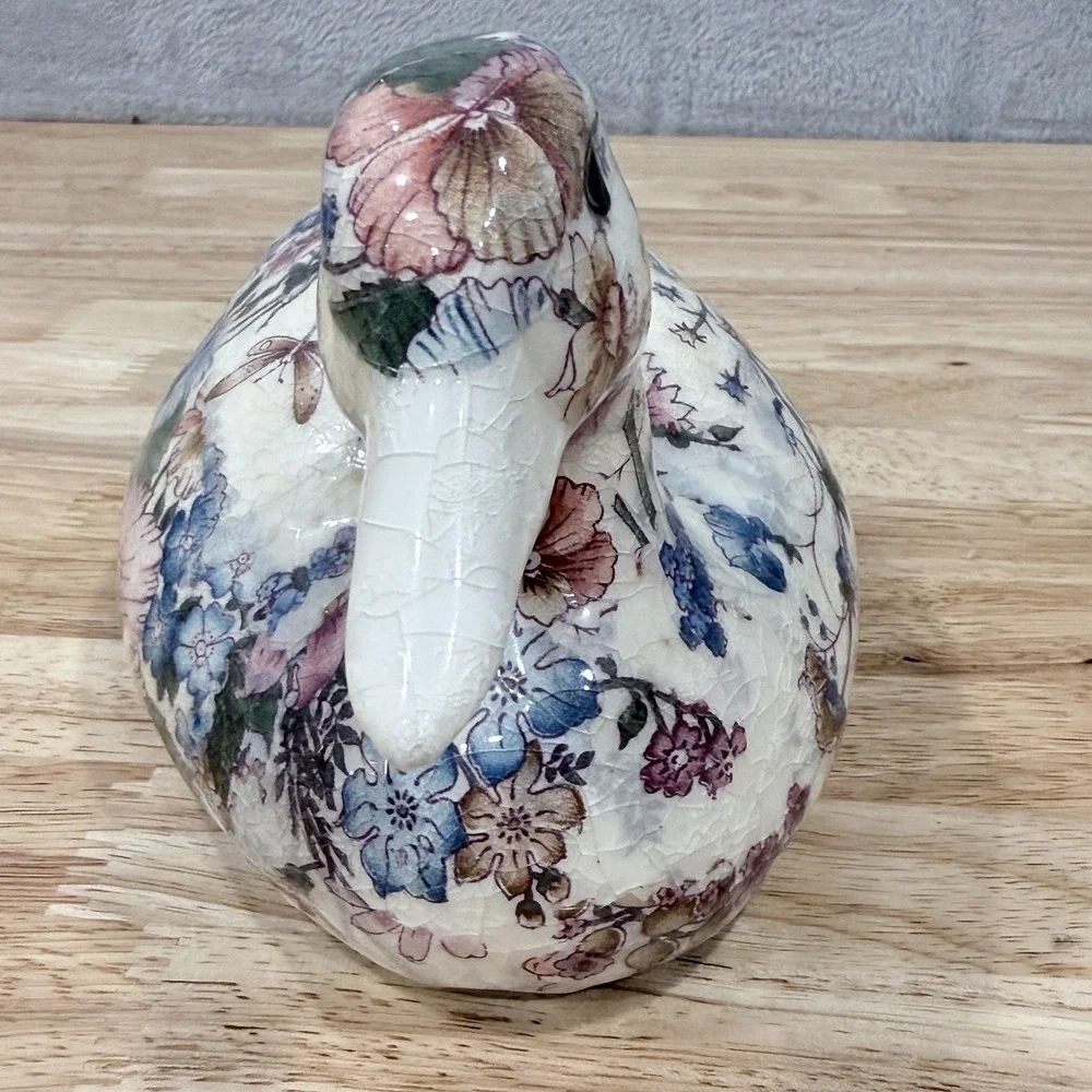 Vintage Floral Chintz Duck Figurine Decoupage Mallard Decoy Blue Pink Botanical